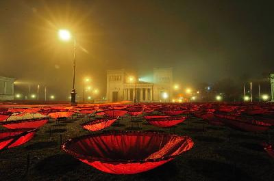 Foto: Werner Pietschmann Kunstinstallation 3000 Mohnblumen für der Fieden von Walter Kuhn am Königsplatz in München